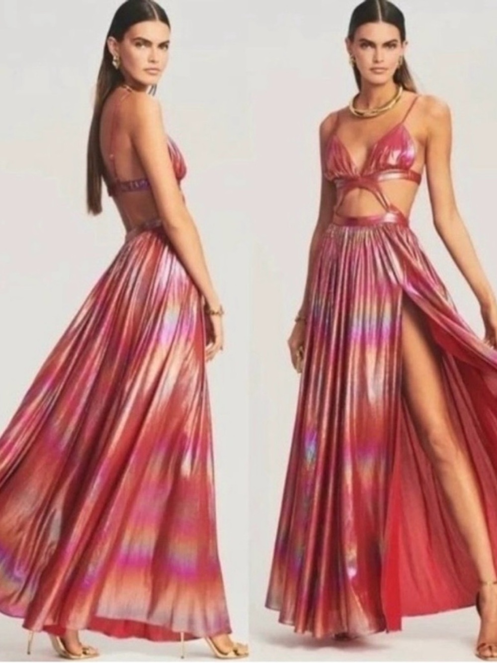 Retrofete Jett Dress Orange Ombre Red Metallic Cut Out Maxi, NWOT Size XS